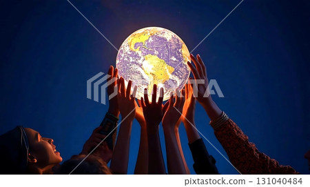 A group of people ideally supports the earth to save it. 131040484
