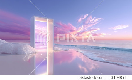 Ethereal Portal on Reflective Shore at Sunset with Pastel Sky and Calm Ocean Ethereal Portal on Reflective Shore at Sunset with Pastel Sky and Calm Ocean 131040511