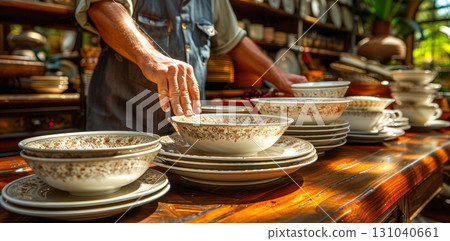 Hands arranging elegant ceramic dishware on a wooden table in a vibrant, rustic kitchen setting 131040661