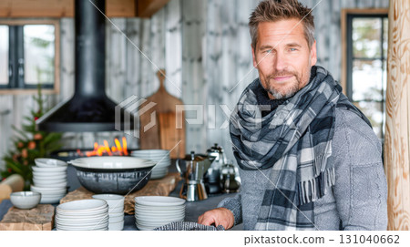 Man with scarf holding dish in cozy cabin kitchen with modern decor and warm atmosphere 131040662
