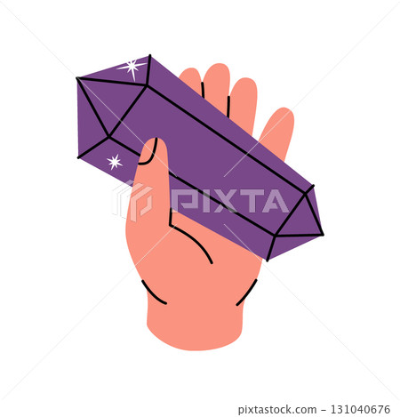 Hand holding a colored crystal. Spirituality crystal. Gemstone, amethyst, ruby, sapphire, emerald, topaz and quartz. Vector illustration. Hand holding a colored crystal. Spirituality crystal. Gemstone, amethyst, ruby, sapphire, emerald, topaz and quartz. Vector illustration. 131040676