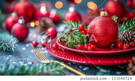Festive holiday table setting with red ornaments, pine branches, and sparkling decorations for celebration Festive holiday table setting with red ornaments, pine branches, and sparkling decorations for celebration 131040724
