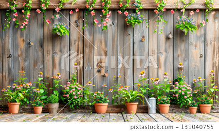 Vibrant flower pots and hanging plants against a rustic wooden wall creating a serene garden atmosphere 131040755