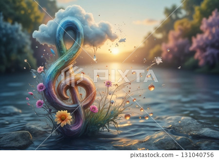 abstract background with musical symbol, treble clef and flowers 131040756