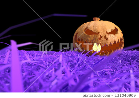 3D illustration of an orange pumpkin jack-o'-lantern in a meadow 3D illustration of an orange pumpkin jack-o'-lantern in a meadow 131040909