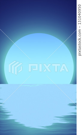 Minimalist blue sun setting over a calm ocean, creating a surreal, digital landscape with simple gradients 131040950