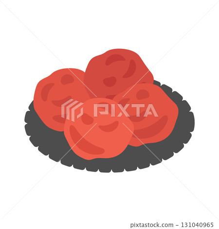 Illustration of pickled plums (shiso flavor) on a plate 131040965