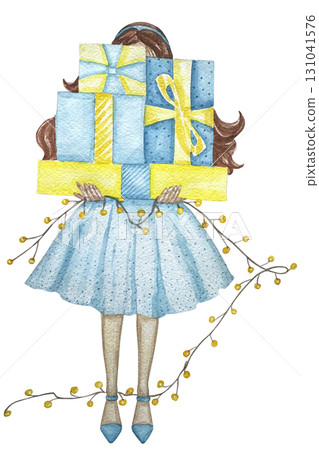 Watercolor illustration of a girl holding a gift box. Christmas look, Fashion illustration. Fashion pretty girl with christmas gifts. Watercolor illustration of a girl holding a gift box. Christmas look, Fashion illustration. Fashion pretty girl with christmas gifts. 131041576