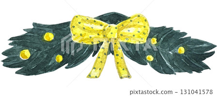 Watercolor Christmas wreath with fir tree branches and yellow balls and bow. Watercolor Christmas wreath with fir tree branches and yellow balls and bow. 131041578
