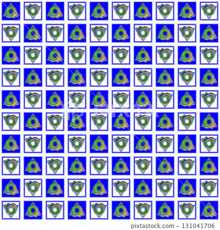 Decorative composition of repeating geometric shapes with a square border. Repeating geometric pattern in blue square grid. Decorative composition of repeating geometric shapes with a square border. Repeating geometric pattern in blue square grid. 131041706