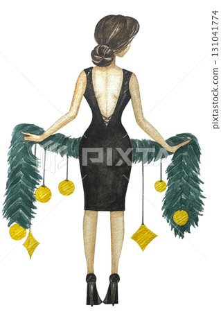 Watercolor illustration of a girl holding a wreath. Christmas look, Fashion illustration. Fashion pretty girl with christmas gifts. 131041774