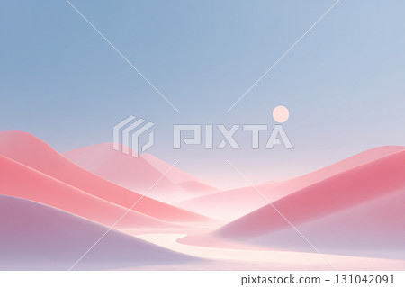 Soft pink and blue pastel landscape with smooth rolling mountain hills, gentle river path and glowing sun creating calm, dreamy atmosphere and serene light 131042091