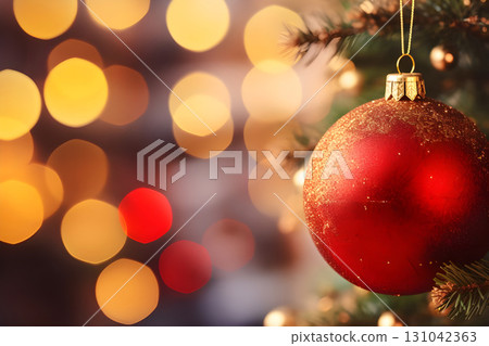 Festive red bauble hanging from a christmas tree with warm bokeh lights in the background scene view 131042363