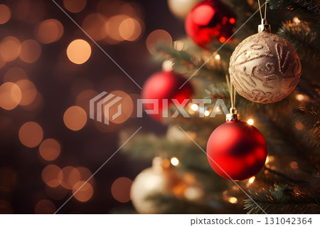 Festive christmas tree adorned with red and gold ornaments against a bokeh light background 131042364