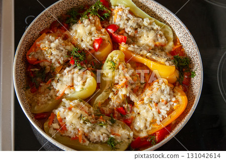 Braised Stuffed Peppers in Pan Braised Stuffed Peppers in Pan 131042614