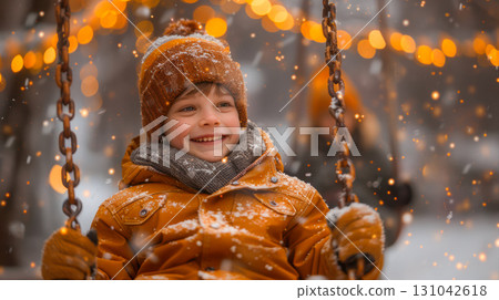 Smiling boy in winter coat enjoying swing in snowy park with festive lights in background 131042618