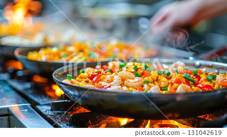 Vibrant stir-fry with shrimp and colorful vegetables sizzling in pans over a gas stove 131042619