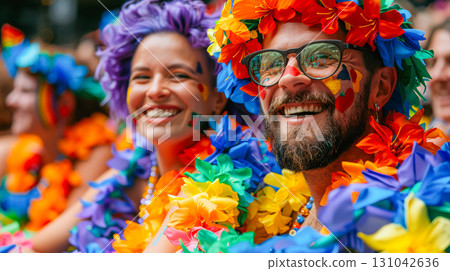 Colorful celebration with diverse individuals wearing floral leis and vibrant attire at a festival 131042636