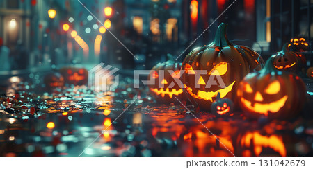 Glowing jack o lanterns on a wet street at night with blurred background and reflections visible below Glowing jack o lanterns on a wet street at night with blurred background and reflections visible below 131042679