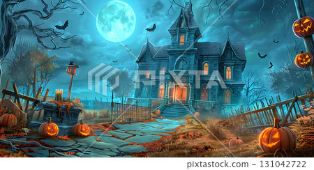 Spooky mansion under a full moon with pumpkins and bats in a halloween night scene creation 131042722