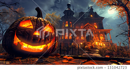 Glowing jack o lantern with haunted mansion under moonlight in autumn halloween night scene view 131042723
