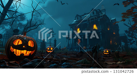 Illuminated pumpkins near a spooky mansion with bats flying in the night sky halloween theme Illuminated pumpkins near a spooky mansion with bats flying in the night sky halloween theme 131042726