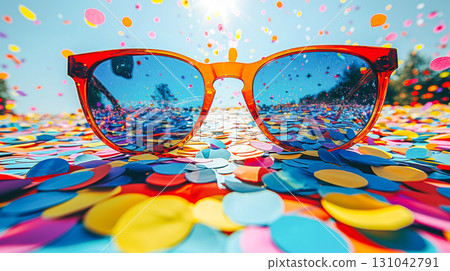 Colorful sunglasses resting on vibrant confetti background under bright sunlight for festive atmosphere 131042791