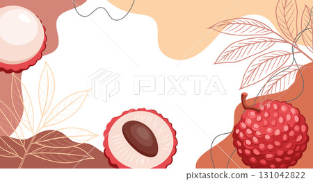 Lychee fruit background. A composition of ripe lychees with organic shapes and leaves on an abstract background. Card, banner, poster 131042822
