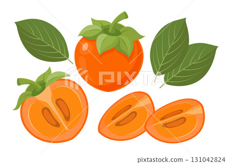 Set of persimmons, whole and sliced, with leaves. Ripe persimmons on a white background. Illustration. 131042824