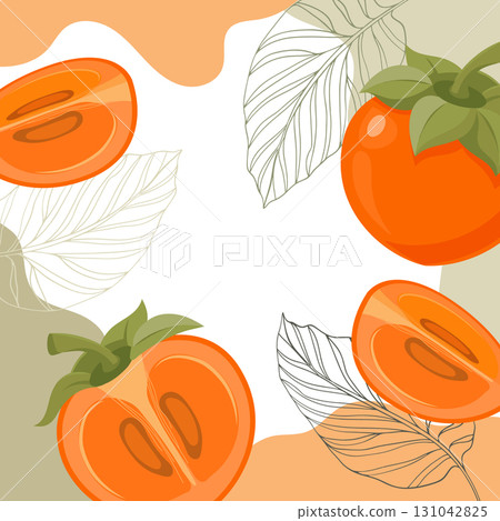 Persimmon background. A composition of ripe persimmons with organic shapes and leaves on an abstract background. Card, banner, poster. 131042825