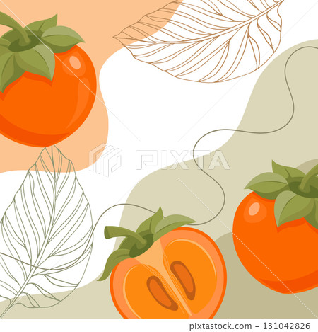 Persimmon background. A composition of ripe persimmons with organic shapes and leaves on an abstract background. Card, banner, poster. 131042826