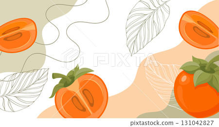 Persimmon background. A composition of ripe persimmons with organic shapes and leaves on an abstract background. Card, banner, poster. 131042827