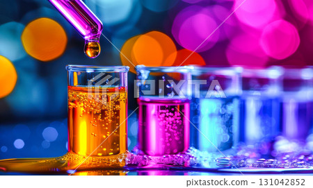 Colorful laboratory glassware with vibrant liquids and pipette creating a scientific atmosphere 131042852