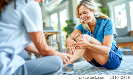 Female healthcare professional assisting a smiling woman with knee injury in a bright indoor setting Female healthcare professional assisting a smiling woman with knee injury in a bright indoor setting 131042856