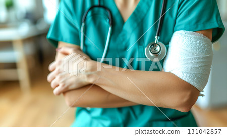 Medical professional in scrubs with stethoscope and bandaged arm demonstrating care and compassion Medical professional in scrubs with stethoscope and bandaged arm demonstrating care and compassion 131042857