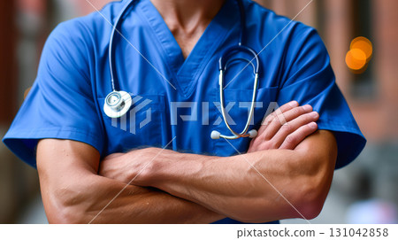 Male healthcare professional in blue scrubs with stethoscope, confidently posing outdoors Male healthcare professional in blue scrubs with stethoscope, confidently posing outdoors 131042858