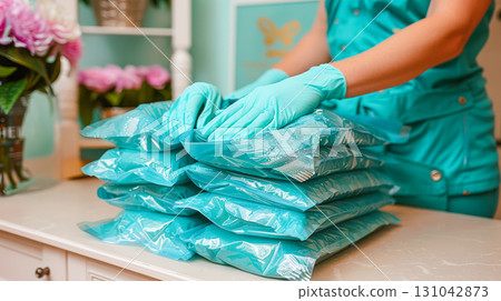 Professional worker arranging stacked turquoise packages on a clean countertop in a bright workspace 131042873