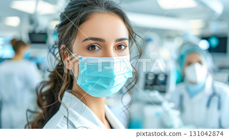 Female healthcare professional wearing mask in modern medical facility with colleagues in background 131042874
