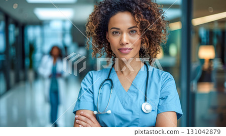 Confident African American female nurse in scrubs with stethoscope in modern healthcare environment 131042879