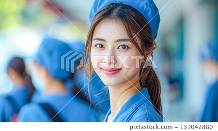 Young woman in blue uniform smiling confidently, surrounded by colleagues in similar attire 131042880