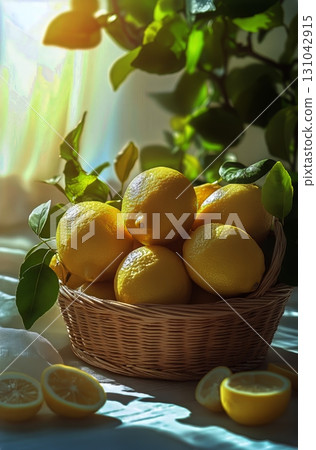 Fresh Lemons Arranged in a Basket With Slices on a Soft Cloth in Natural Light. Fresh Lemons Arranged in a Basket With Slices on a Soft Cloth in Natural Light. 131042915
