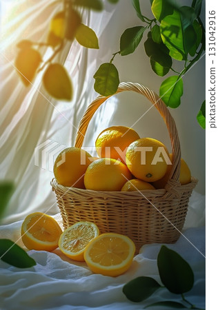 Fresh Lemons Sit in a Woven Basket Beside Sliced Pieces on a Light Fabric Background With Soft Lighting Fresh Lemons Sit in a Woven Basket Beside Sliced Pieces on a Light Fabric Background With Soft Lighting 131042916