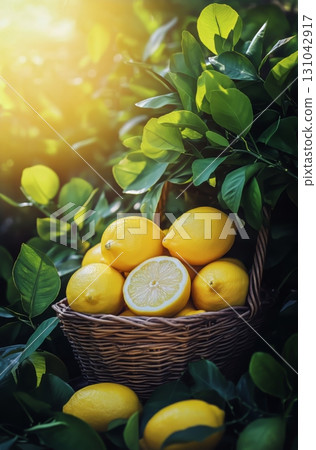 Fresh Lemons Sit in a Woven Basket Beside Sliced Pieces on a Light Fabric Background With Soft Lighting. Fresh Lemons Sit in a Woven Basket Beside Sliced Pieces on a Light Fabric Background With Soft Lighting. 131042917