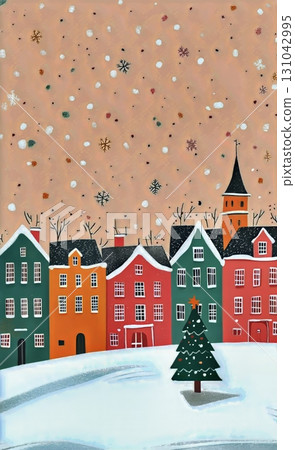 Snowy Village Scene With Colorful Houses and a Christmas Tree During Winter Season. 131042995