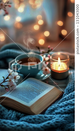 Cozy Morning With a Book, Warm Drink, and Blooming Flowers at Sunrise. 131043000