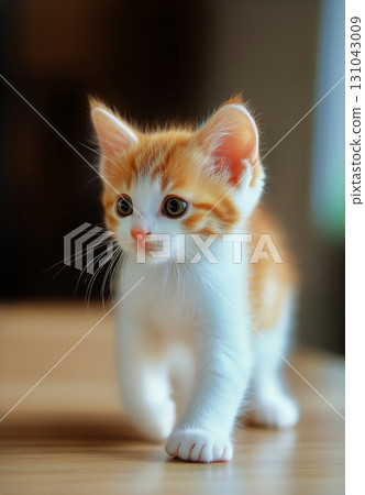 Cute Orange and White Kitten Exploring a Wooden Surface in a Cozy Indoor Setting During Daylight 131043009