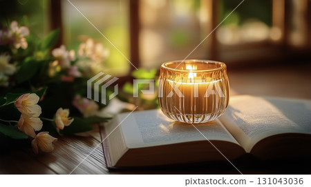 Candlelight Rests on an Open Book Surrounded by Flowers in a Cozy Setting Candlelight Rests on an Open Book Surrounded by Flowers in a Cozy Setting 131043036
