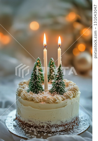 Festive Cake With Trees and Candles in a Cozy Winter Setting Festive Cake With Trees and Candles in a Cozy Winter Setting 131043047