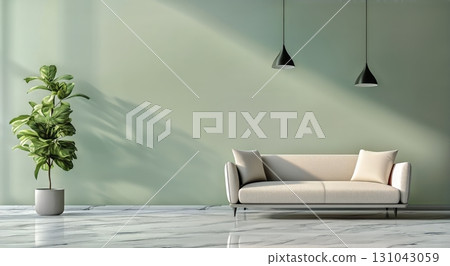 Modern Living Room With Green Wall and Stylish Decor Featuring a Sofa and Plants 131043059