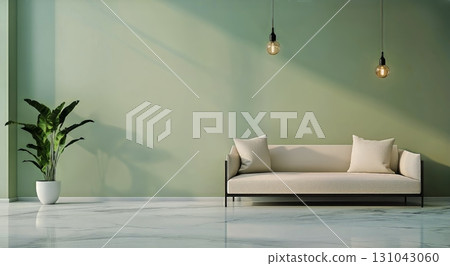 Modern Living Room With Green Wall and Stylish Decor Featuring a Sofa and Plants. Modern Living Room With Green Wall and Stylish Decor Featuring a Sofa and Plants. 131043060